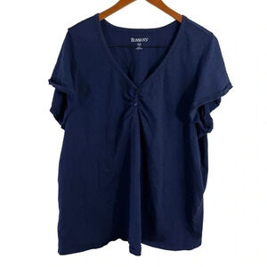 Roamans Navy Blue Top Plus Size 2X Short Sleeves V Neck Pullover Henley Casual
